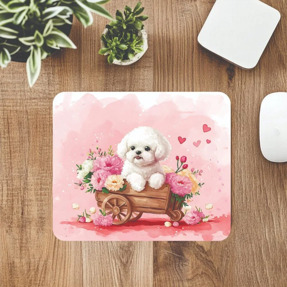 Kawaii Bichon Frise Flower Cart Computer Mouse Pad Office Decor Handmade